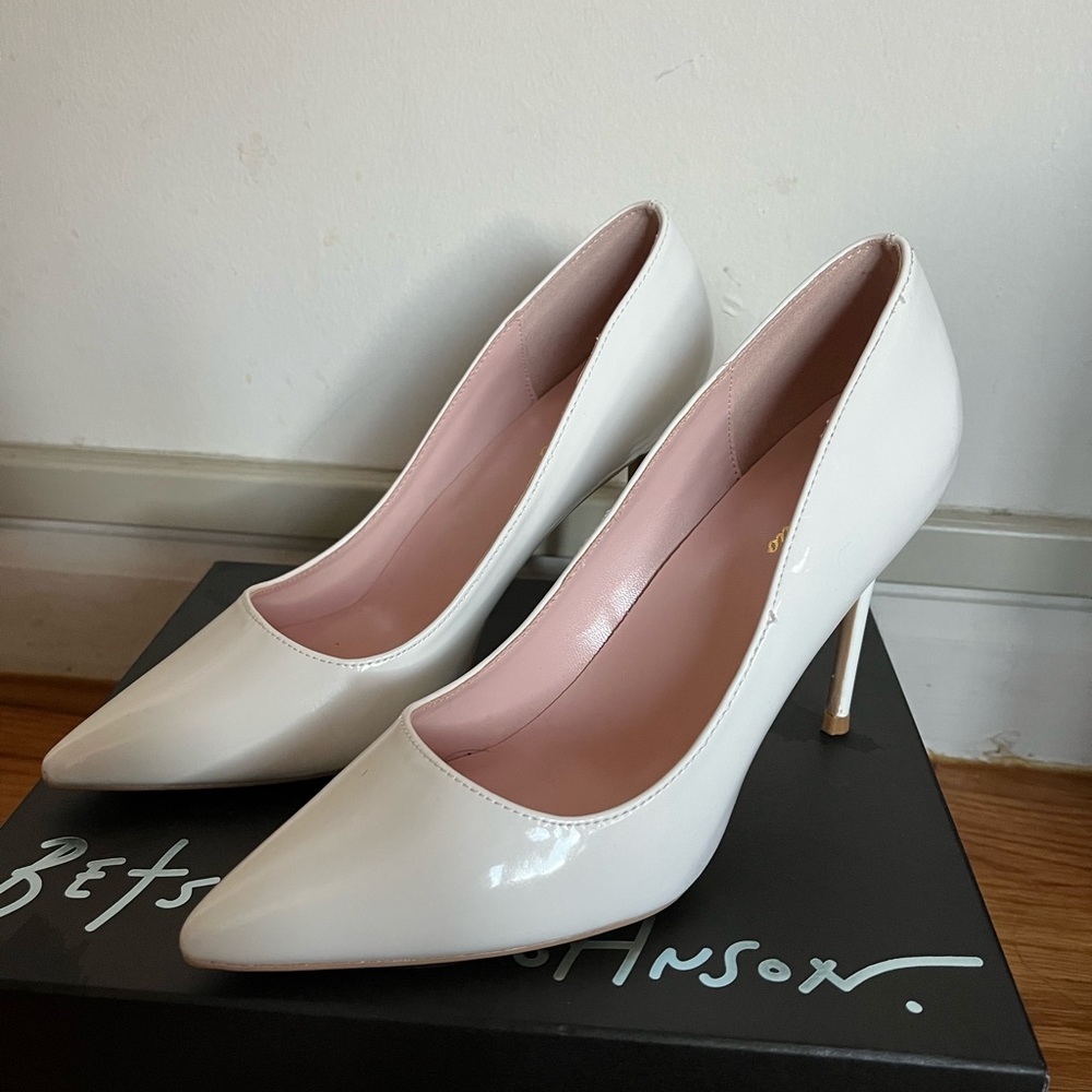 White patent leather heels